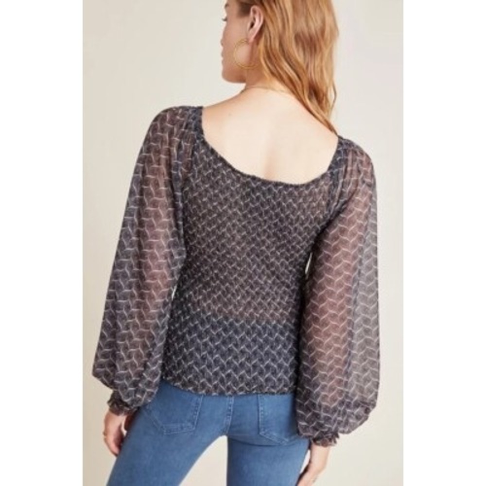 Anthropologie Smocked Geometric Print Top Black White Sheer Balloon Sleeve L